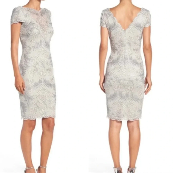 Tadashi Shoji Dress Pemba Lace Sheath Dress Silver Gray Embroidered Size 14 - Picture 1 of 10